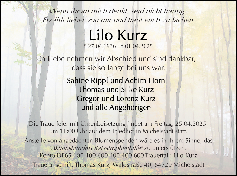  Traueranzeige für Lilo Kurz vom 12.04.2025 aus Odenwälder Echo