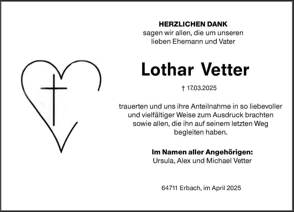  Traueranzeige für Lothar Vetter vom 19.04.2025 aus Odenwälder Echo