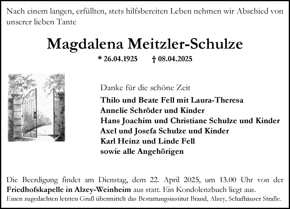  Traueranzeige für Magdalena Meitzler-Schulze vom 12.04.2025 aus Allgemeine Zeitung Alzey