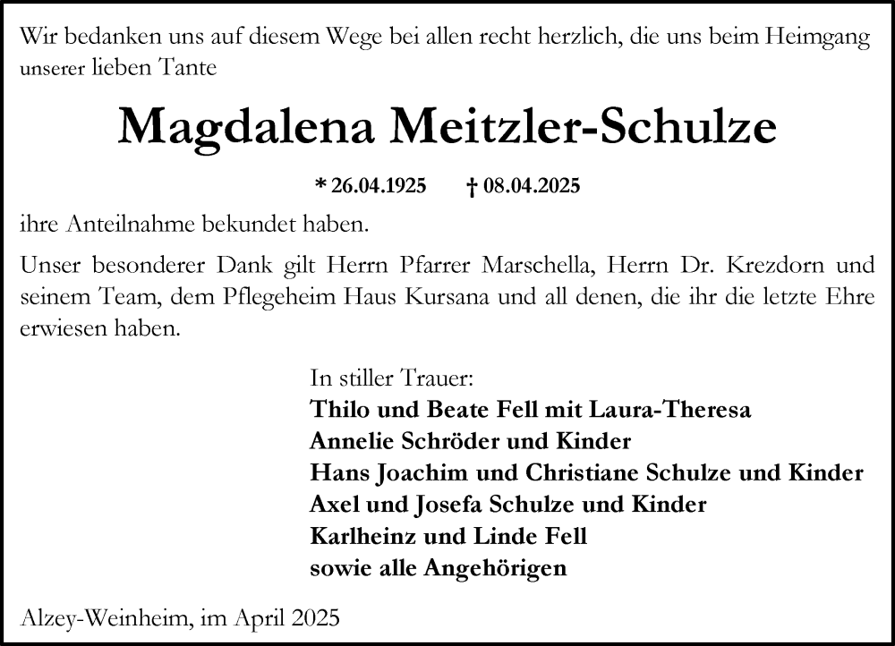 Traueranzeige für Magdalena Schulze vom 26.04.2025 aus Allgemeine Zeitung Alzey