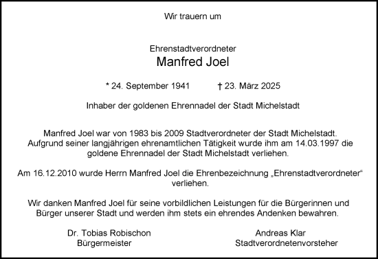 Traueranzeige von Manfred Joel von Odenwälder Echo