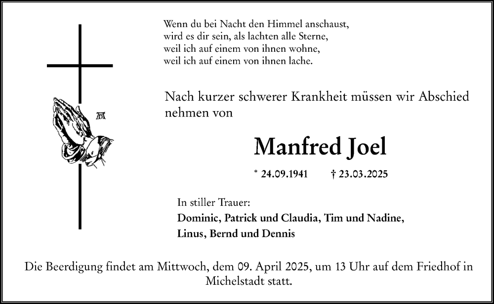  Traueranzeige für Manfred Joel vom 05.04.2025 aus Odenwälder Echo