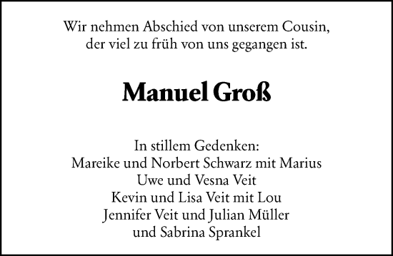 Traueranzeige von Manuel Groß von Allgemeine Zeitung Mainz