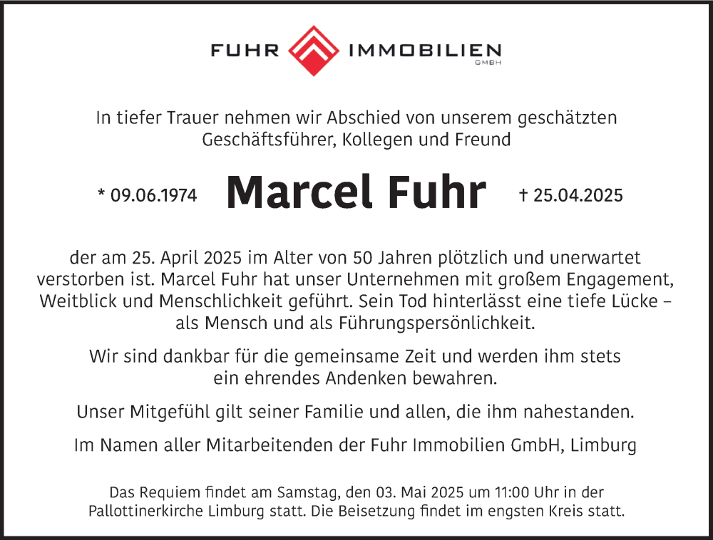  Traueranzeige für Marcel Fuhr vom 30.04.2025 aus Nassauische Neue Presse