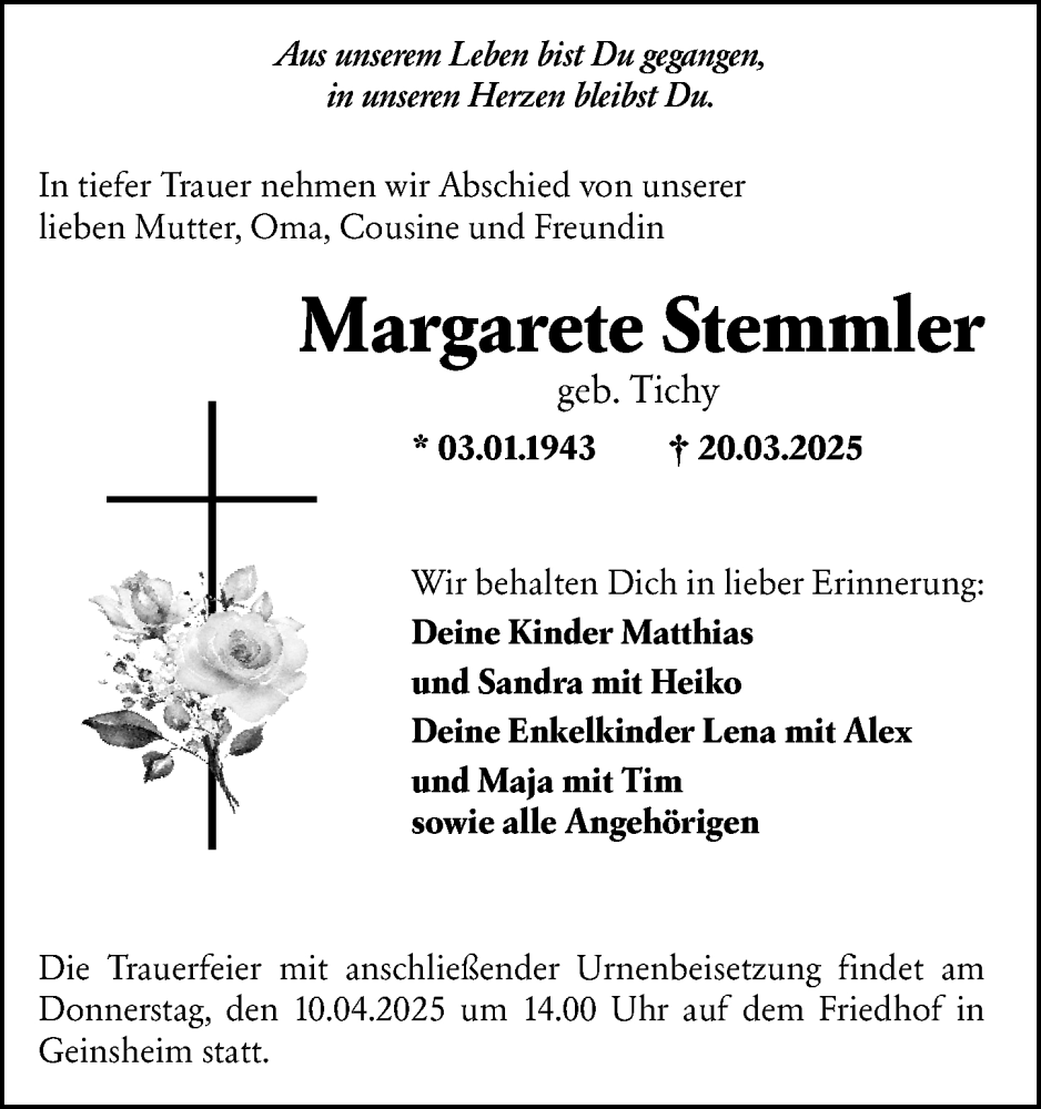  Traueranzeige für Margarete Stemmler vom 05.04.2025 aus Groß-Gerauer Echo