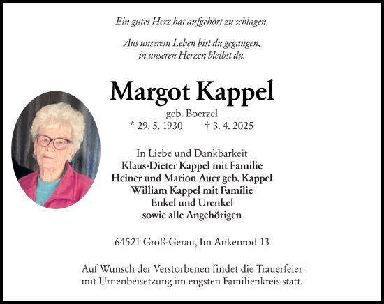 Traueranzeige von Margot Kappel von Groß-Gerauer Echo