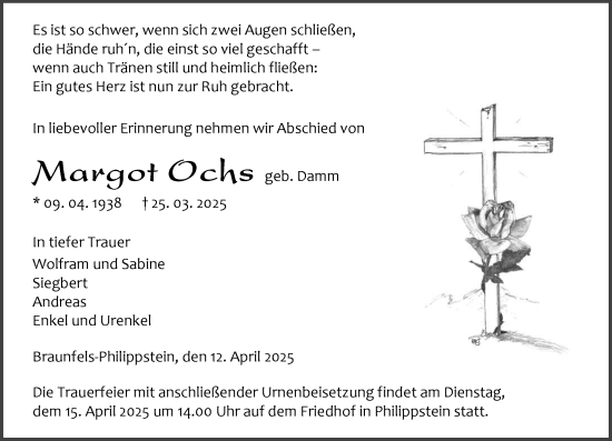 Traueranzeige von Margot Ochs von Wetzlarer Neue Zeitung