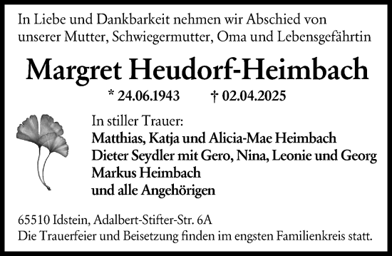 Traueranzeige von Margret Heudorf-Heimbach von Wiesbadener Kurier