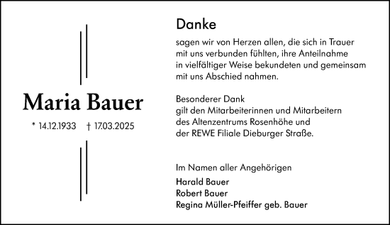 Traueranzeige von Maria Bauer von Darmstädter Echo