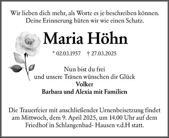 Traueranzeige von Maria Höhn von Wiesbadener Kurier