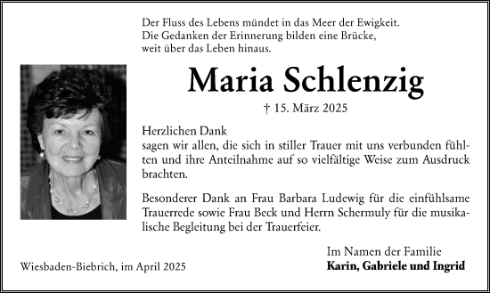 Traueranzeige von Maria Schlenzig von Wiesbadener Kurier