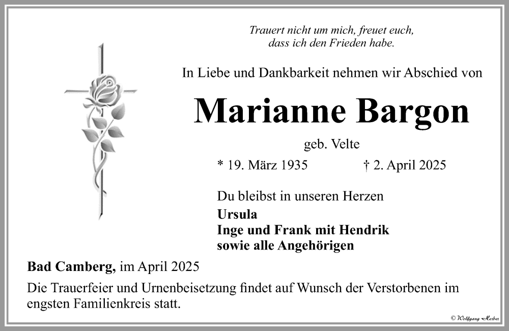  Traueranzeige für Marianne Bargon vom 10.04.2025 aus Camberger Anzeiger