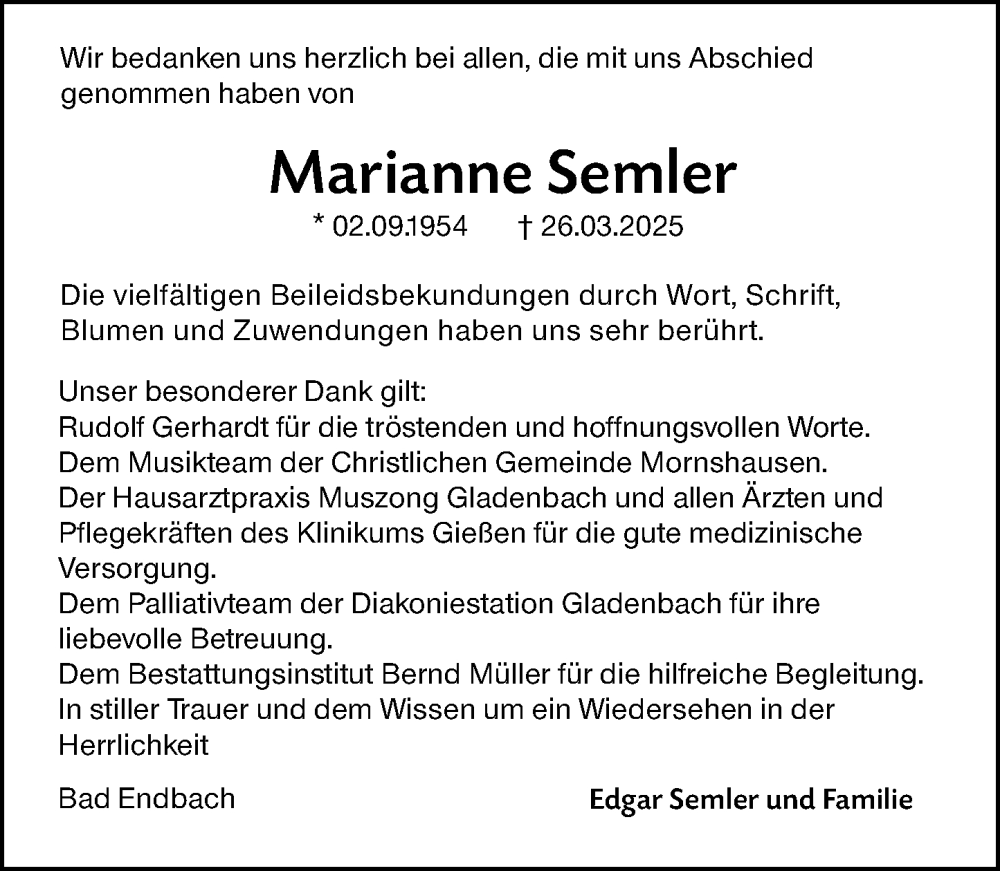  Traueranzeige für Marianne Semler vom 12.04.2025 aus Hinterländer Anzeiger