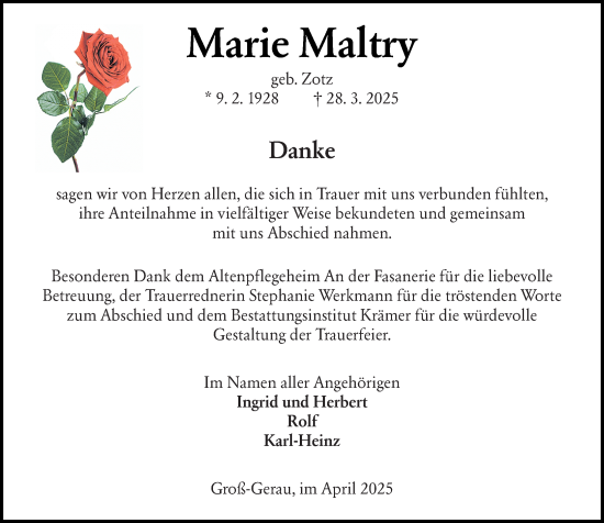 Traueranzeige von Marie Maltry von Groß-Gerauer Echo