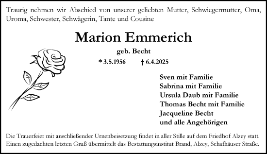 Traueranzeige von Marion Emmerich von Allgemeine Zeitung Alzey