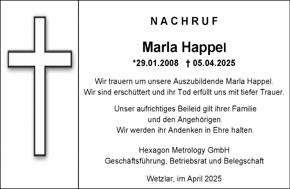  Traueranzeige für Marla Happel vom 26.04.2025 aus Wetzlarer Neue Zeitung