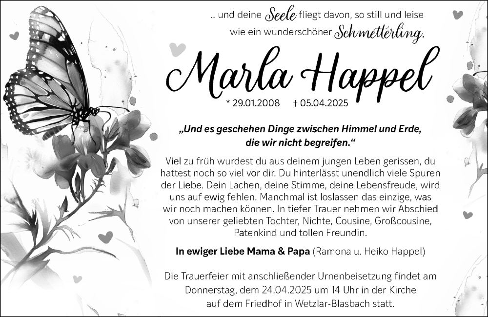  Traueranzeige für Marla Happel vom 17.04.2025 aus Wetzlarer Neue Zeitung