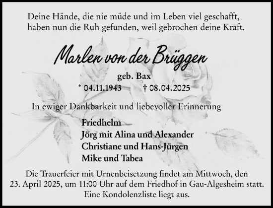 Traueranzeige von Marlen von der Brüggen von Allgemeine Zeitung Rheinhessen-Nahe