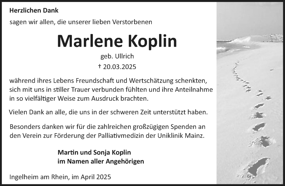  Traueranzeige für Marlene Koplin vom 26.04.2025 aus Allgemeine Zeitung Rheinhessen-Nahe