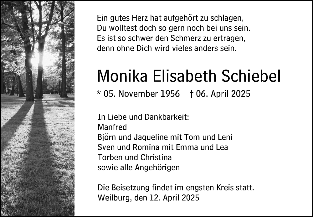  Traueranzeige für Monika Elisabeth Schiebel vom 12.04.2025 aus Weilburger Tageblatt