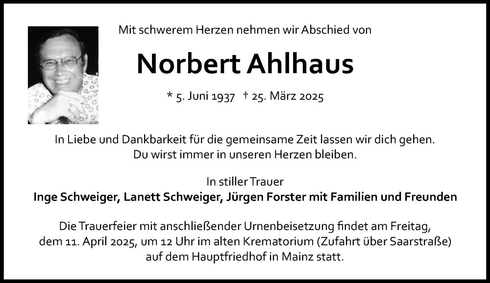  Traueranzeige für Norbert Ahlhaus vom 05.04.2025 aus Allgemeine Zeitung Mainz