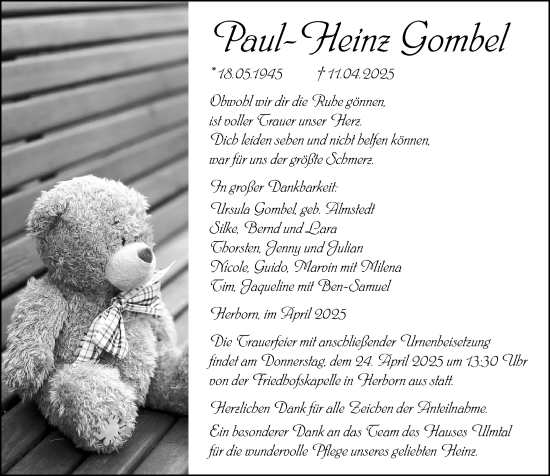 Traueranzeige von Paul-Heinz Gombel von Dill Block