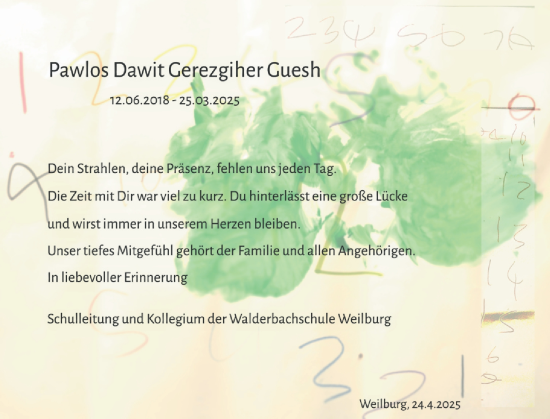 Traueranzeige von Pawlos Dawit Gerezgiher Guesh von Weilburger Tageblatt