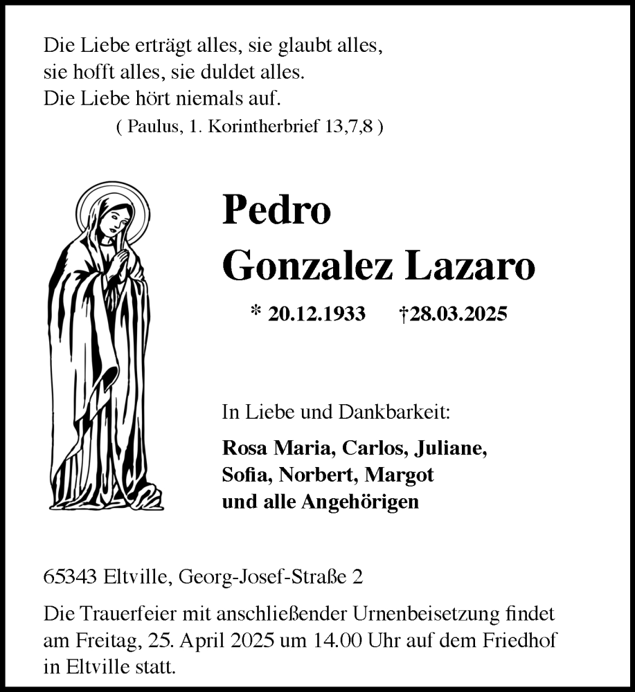  Traueranzeige für Pedro Gonzalez Lazaro vom 05.04.2025 aus Rheingau Kurier