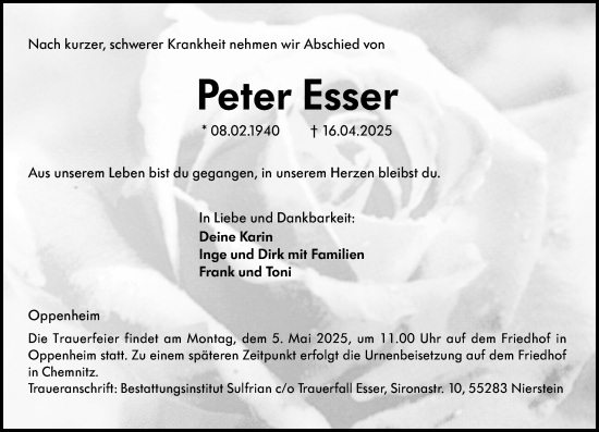 Traueranzeige von Peter Esser von Allgemeine Zeitung Mainz