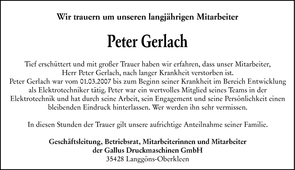  Traueranzeige für Peter Gerlach vom 12.04.2025 aus Wetzlarer Neue Zeitung