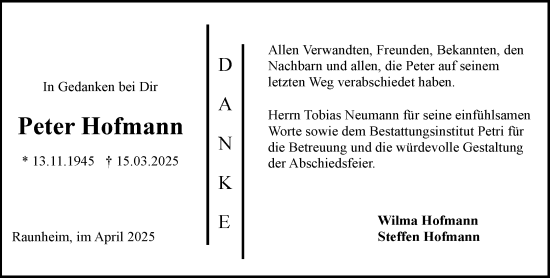 Traueranzeige von Peter Hofmann von Rüsselsheimer Echo