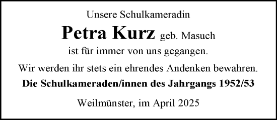Traueranzeige von Petra Kurz von Weilburger Tageblatt