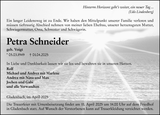 Traueranzeige von Petra Schneider von Hinterländer Anzeiger