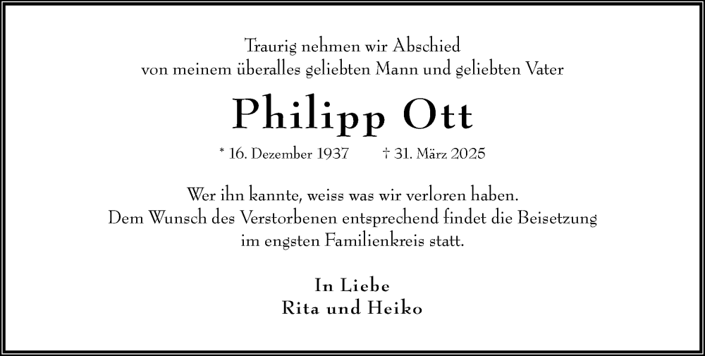  Traueranzeige für Philipp Ott vom 05.04.2025 aus Wiesbadener Kurier