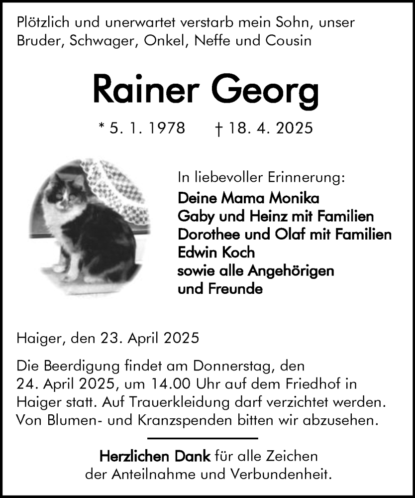  Traueranzeige für Rainer Georg vom 23.04.2025 aus Dill Block