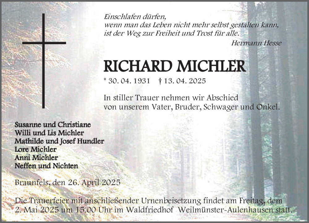  Traueranzeige für Richard Michler vom 26.04.2025 aus Weilburger Tageblatt