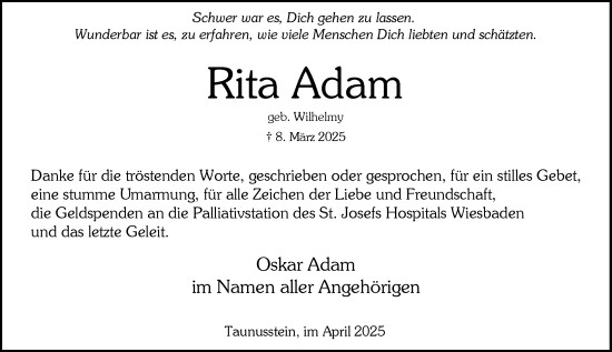 Traueranzeige von Rita Adam von Nassauische Neue Presse