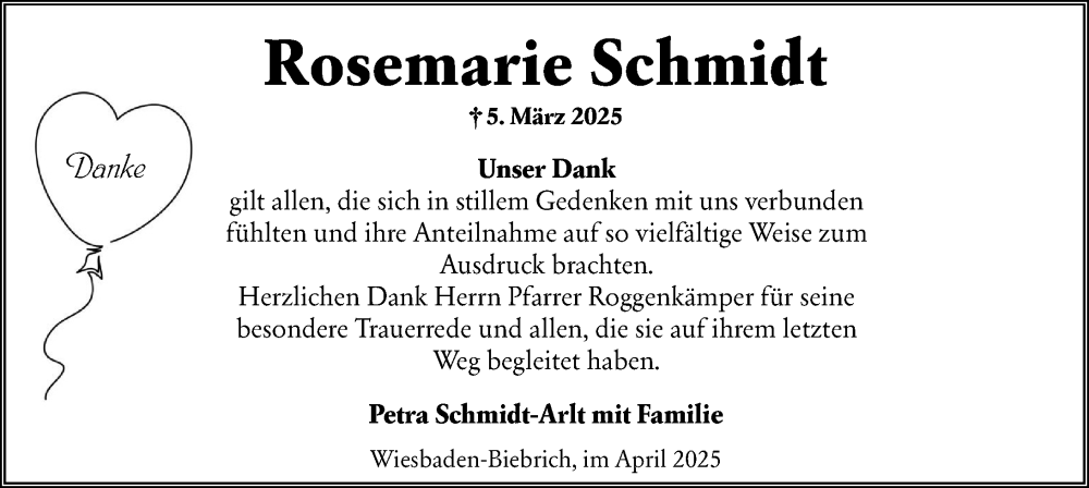  Traueranzeige für Rosemarie Schmidt vom 05.04.2025 aus Wiesbadener Kurier