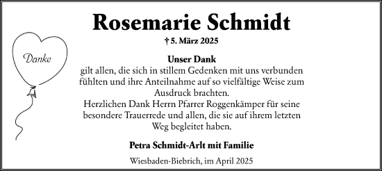 Traueranzeige von Rosemarie Schmidt von Wiesbadener Kurier