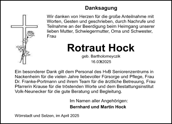 Traueranzeige von Rotraut Hock von Allgemeine Zeitung Alzey