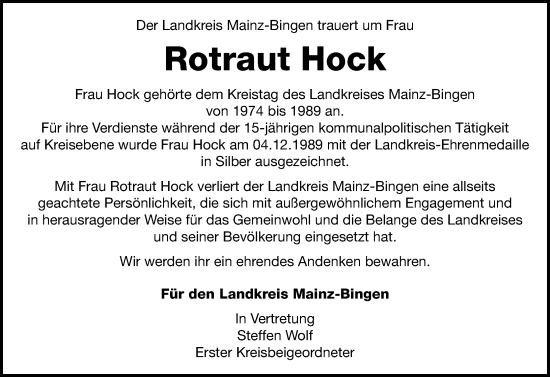 Traueranzeige von Rotraut Hock von Allgemeine Zeitung Rheinhessen-Nahe