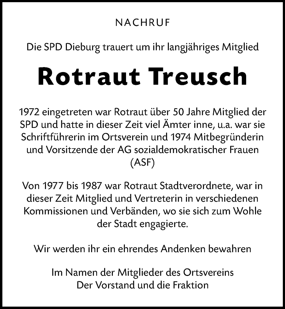  Traueranzeige für Rotraut Treusch vom 24.04.2025 aus Dieburger Anzeiger/Groß-Zimmerner Lokal-Anzeiger