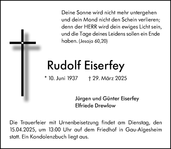 Traueranzeige von Rudolf Eiserfey von Allgemeine Zeitung Rheinhessen-Nahe