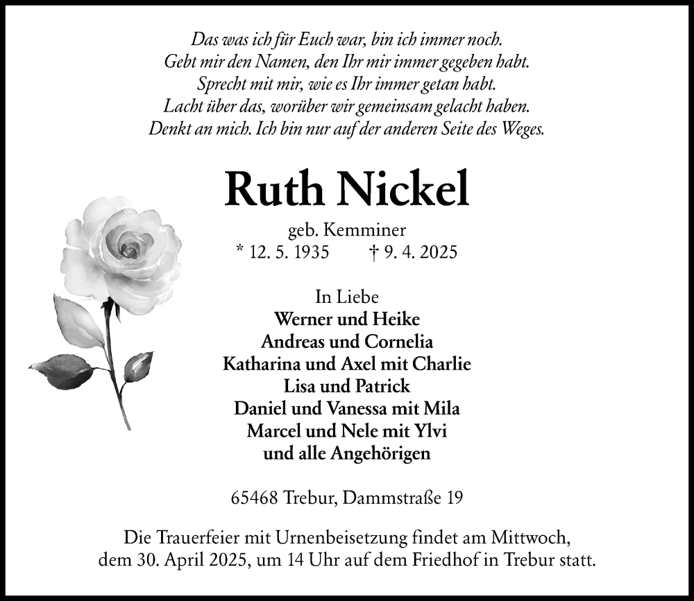  Traueranzeige für Ruth Nickel vom 26.04.2025 aus Rüsselsheimer Echo
