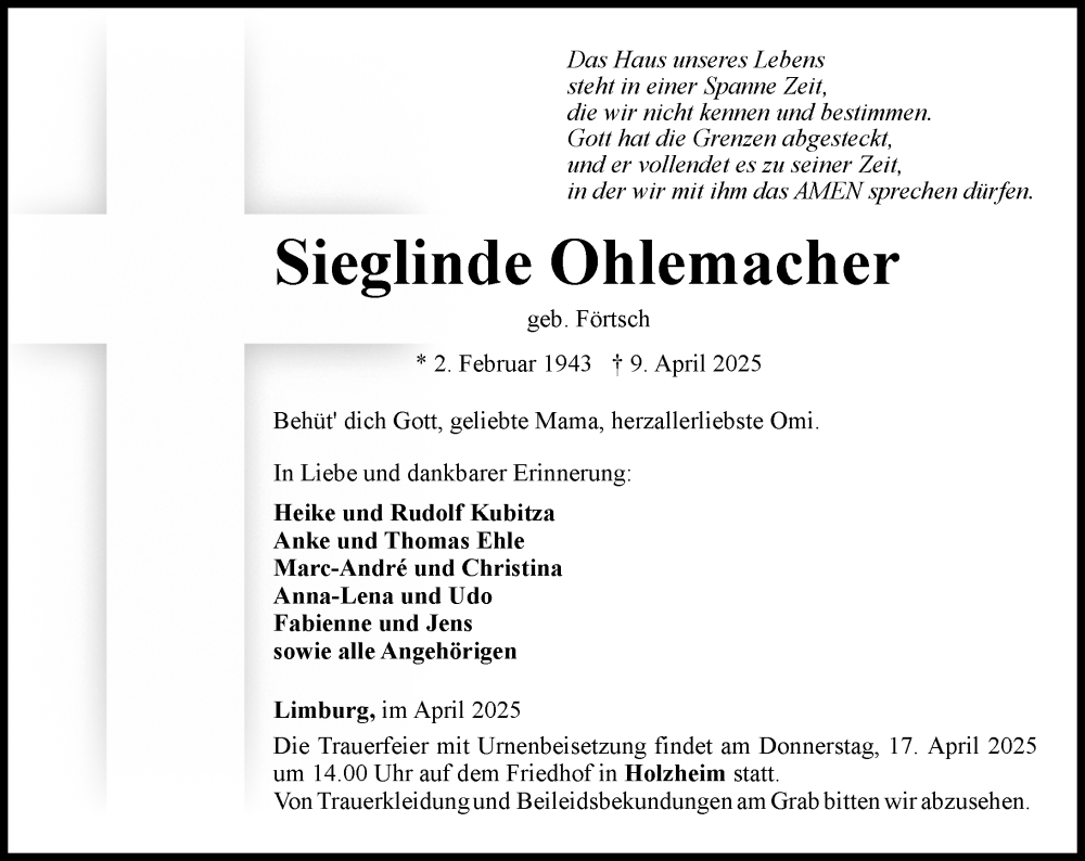  Traueranzeige für Sieglinde Ohlemacher vom 12.04.2025 aus Nassauische Neue Presse
