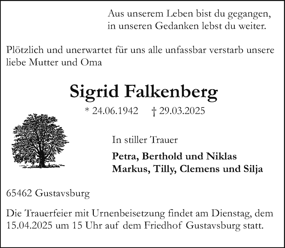  Traueranzeige für Sigrid Falkenberg vom 12.04.2025 aus Allgemeine Zeitung Mainz