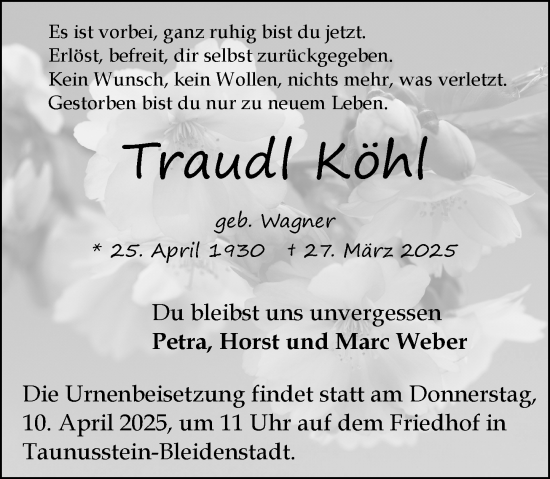 Traueranzeige von Traudl Köhl von Wiesbadener Kurier