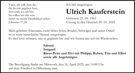 Traueranzeige von Ulrich Kauferstein von Dill Block