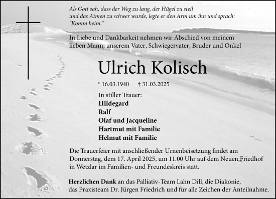 Traueranzeige von Ulrich Kolisch von Wetzlarer Neue Zeitung
