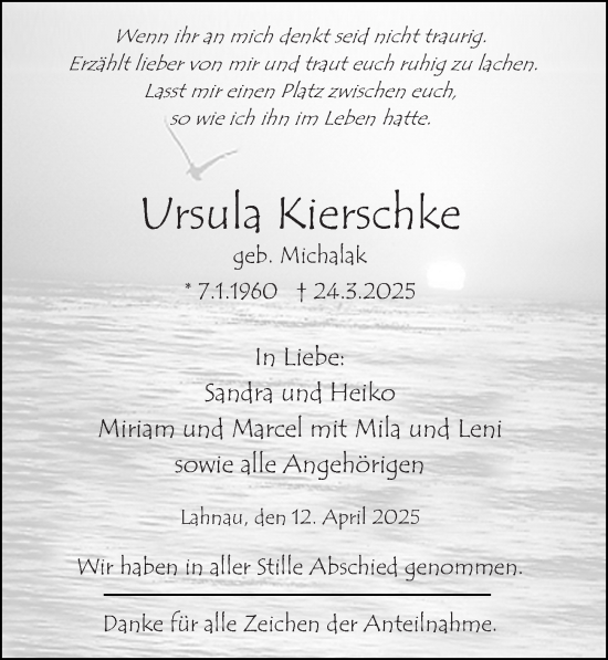 Traueranzeige von Ursula Kierschke von Wetzlarer Neue Zeitung